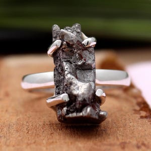 May include: A silver ring featuring a rough, textured, dark gray stone. The stone is irregularly shaped and mounted on a polished silver band. The ring is set against a blurred background, highlighting the unique stone.