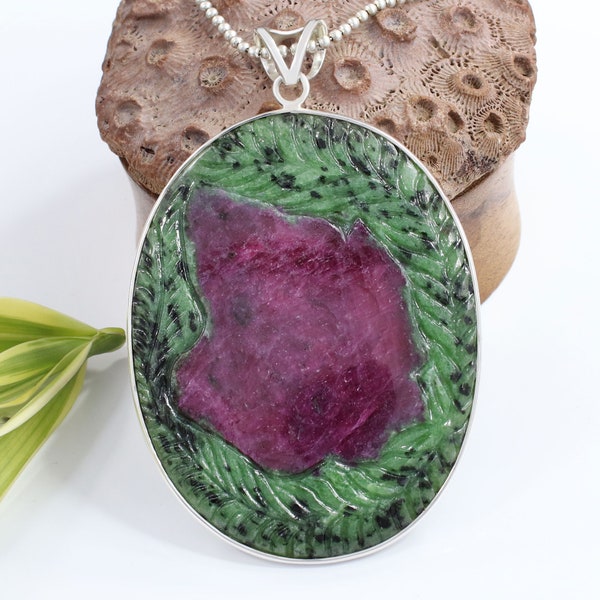 Large Ruby Zoisite pendant 925 solid sterling silver Ruby Zoisite Gemstone Jewelry Handcrafted Jewelry Green Ruby Zoisite Carving Pendant