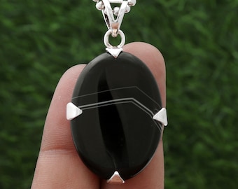 Black Banded Agate Pendant, Necklace,Pendant Jewelry, Handmade Pendant, 925 Sterling Silver, Gift For Her/Him, Birthday Gift,Women Jewelry