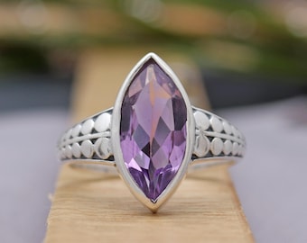 Ethnic Style Natural Amethyst Marquise Ring, Handmade 925 Sterling Silver Jewelry, Marquise Gemstone Ring, Gift for Her, Size 10