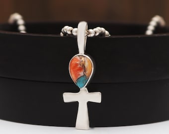 Spiny Oyster Turquoise Cross Pendant, 925 Sterling Silver Religious Jewelry, Boho Western Style Cross Necklace, Unique Birthstone Gift