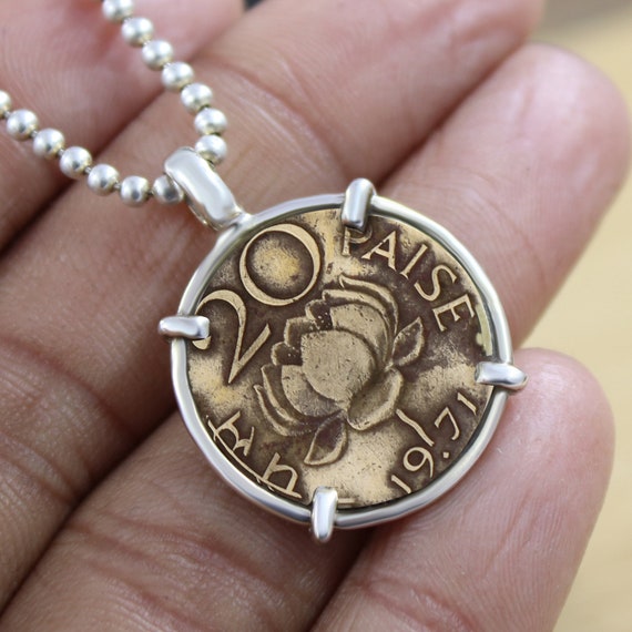 Indian Coin Vintage Pendant Necklace. 925 Sterling Silver Pendant 