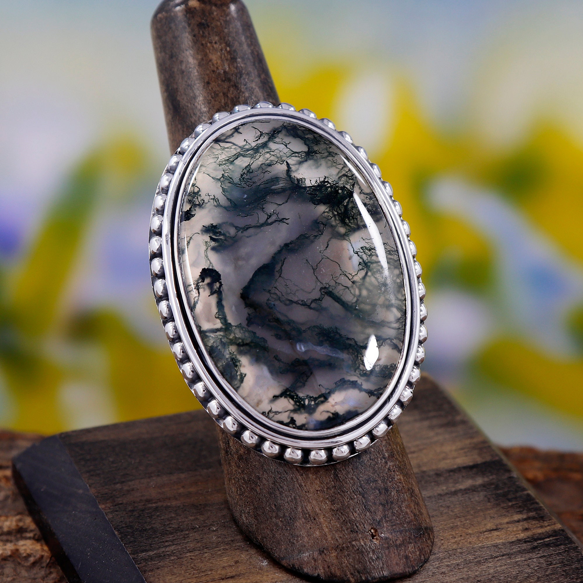 Natural Moss Agate Ring Moss Agate Silver Ring | Etsy