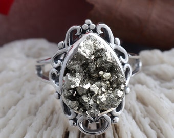 Raw Pyrite Druzy Ring - 925 Sterling Silver - Unique Handmade Pyrite Jewelry - Perfect Women's Gift