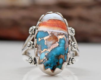 Spiny Oyster Copper Turquoise Ring 925 Sterling Silver Ring Spiny Turquoise Ring Wedding Ring Anniversary Ring Pretty Ring Gift for Woman-10