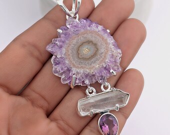 Gift To Mom Genuine Amethyst Stalactite & Crystal Pendant Amethyst Stalagtite Slice Solid Silver Pendant. Set in Solid Sterling Silver