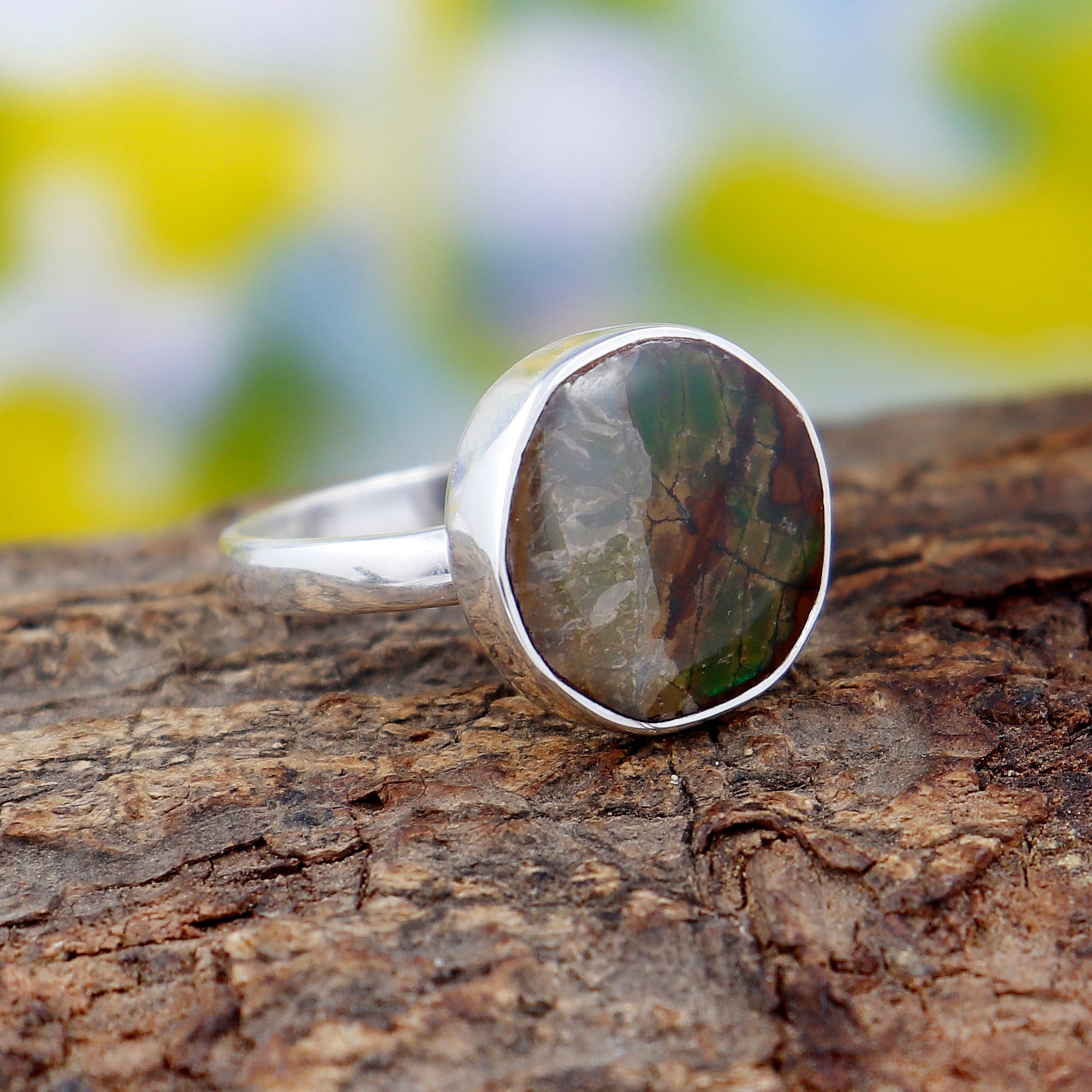 Ammolite Ring Natural Ammolite Sterling Silver Handmade Ring Etsy