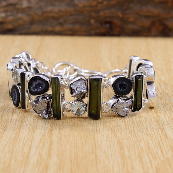Antique Vintage Tourmaline Bracelet 925 Silver Delicate Green