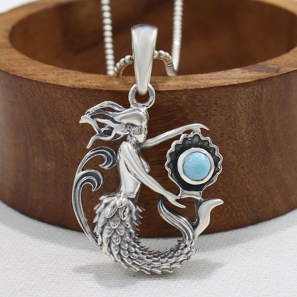 Vente Saint-Valentin - bijoux atteignant sirène - pendentif sirène Larimar - sirène avec pendentif hippocampe--argent sterling