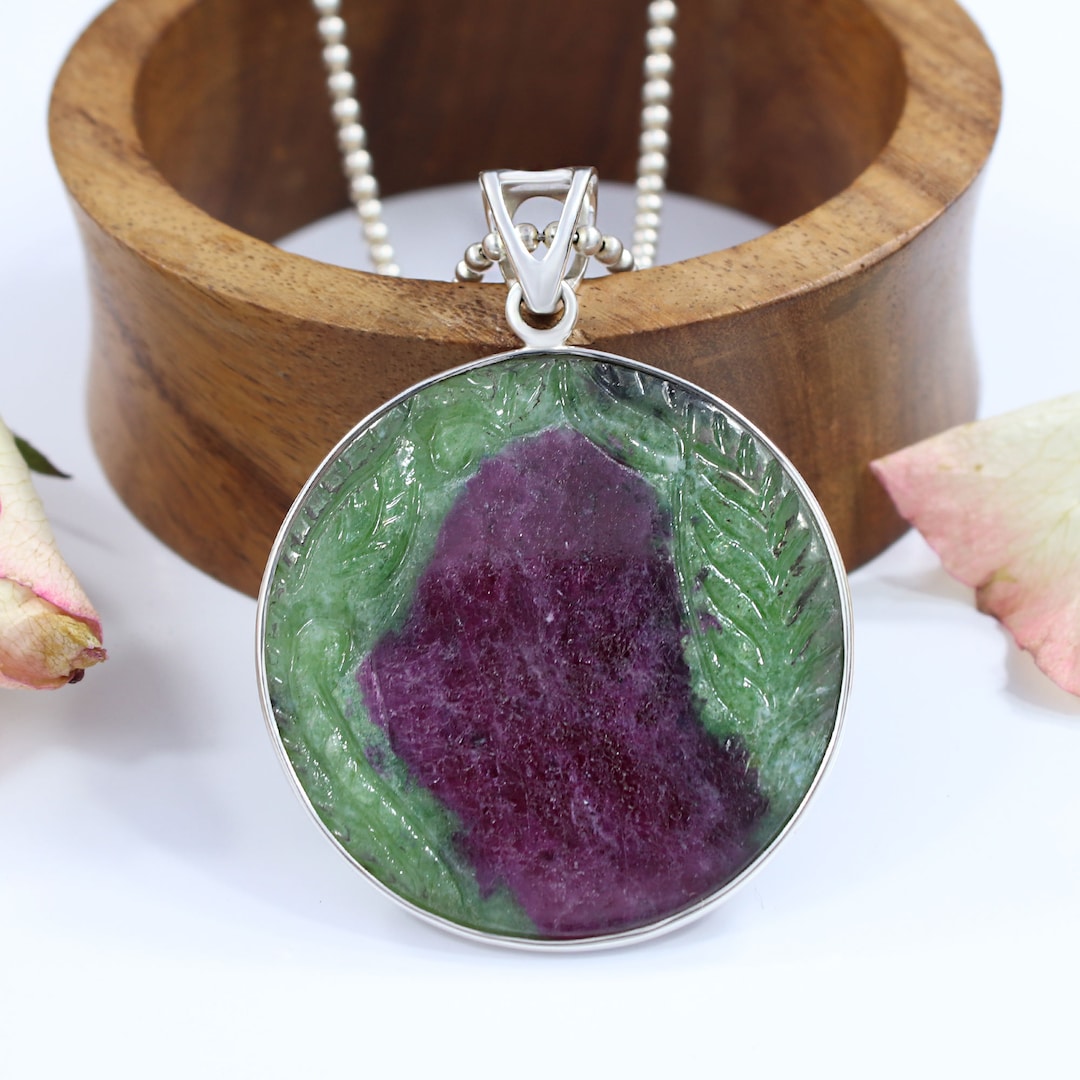 Ruby Zoisite Pendant Necklace 925 Sterling Silver Round 45 X 45mm Ruby