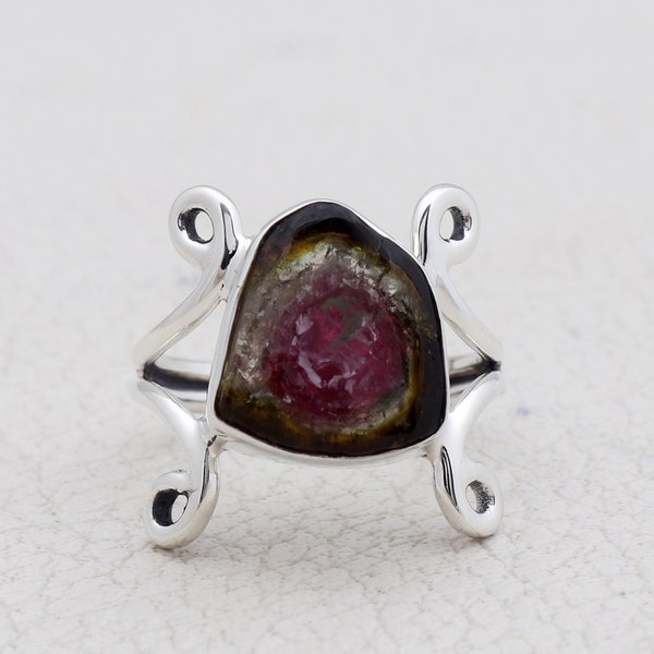 Natural Watermelon Tourmaline Ring - Watermelon Tourmaline Gemstone 925 Sterling Silver Ring - Watermelon Tourmaline Designer Ring Size 9