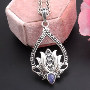 Lotus Flower Pendant, Sacred Lotus Necklace, Lotus Pendant, Jewelry For Women, Tanzanite Pendant, 925 Silver Stone Pendant, Mindfulness Gift