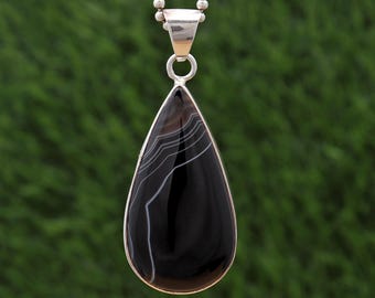 Black Banded Agate Pendant, Necklace,Pendant Jewelry, Handmade Pendant, 925 Sterling Silver, Gift For Her/Him, Birthday Gift, Unisex Jewelry