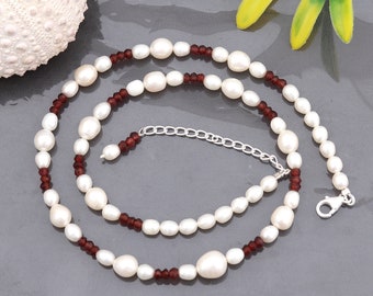 Gift To Mom White Pearl and Garnet Beaded Necklace - Sterling Silver Handmade Jewelry