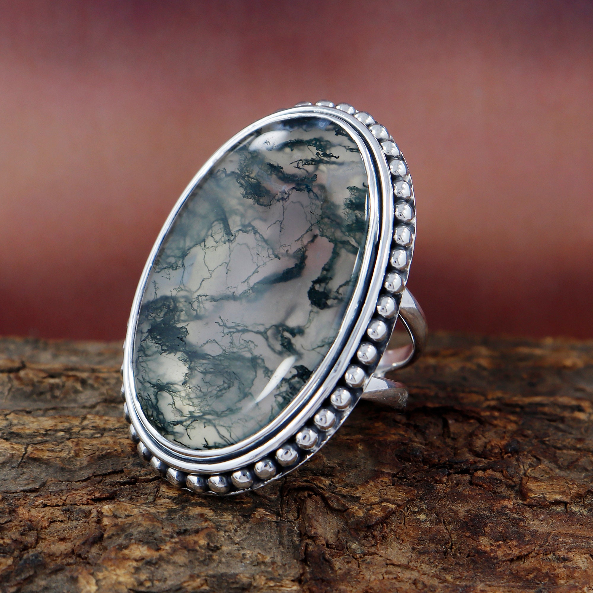 Natural Moss Agate Ring Moss Agate Silver Ring | Etsy