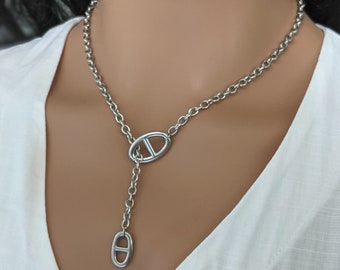 Collier lariat maille marine en acier inoxydable, Collier en Y argent, Chaîne d'ancre lasso, Sautoir coulissant maille marine argent, Cadeau