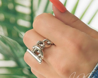 925 silver anchor chain ring, Women's silver jewelry, Anchor chain silver ring Croisette, Women's gift, Statement ring, Silver jewelry