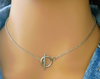 Stainless steel necklace, Gold or silver T clasp, Toggle chain, Minimalist jewelry, Women's gift