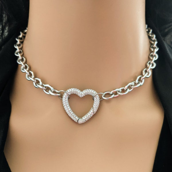 Collier de chaine de coeur en acier inoxydable, Collier serrure coeur zircons, Choker chunky argent, Cadeau bijou de déclaration femme