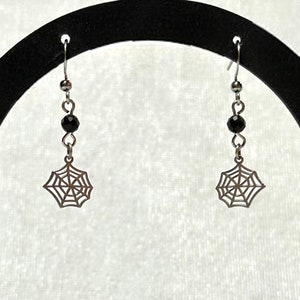 Mini Silver Obsidian Spider Web Earrings