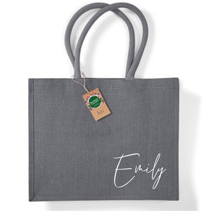 Personalised Luxury Grey Jute Hessian Natural Jute Tote Bag Personalised Bag with Calligraphy Printed Name Premium Jute Bag Shopping Bag