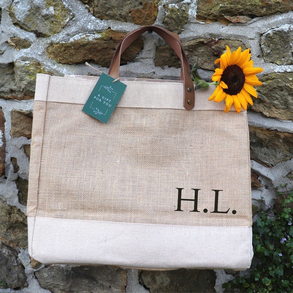 Monogrammed Luxury Leather Handle Natural Hessian Market Bag | Personalised Shopping Bag | Monogrammed Jute Bag | Initials Jute Bag