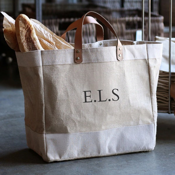Monogrammed Luxury Leather Handle Hessian Natural Jute Eco Tote Bag | Personalised Shopping Bag | Monogrammed Jute Bag | Initials Jute Bag