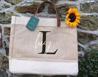 Monogrammed Luxury Leather Handle Natural Hessian Market Tote Bag | Personalised Jute Bag | Monogrammed Jute Bag | Initials Shopping Bag