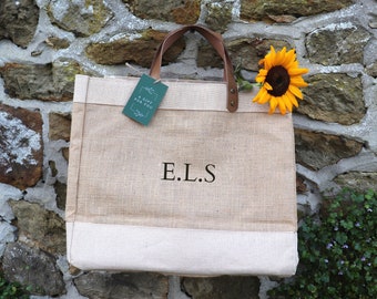 Monogrammed Luxury Leather Handle Natural Hessian Market Tote Bag | Personalised Jute Bag | Monogrammed Jute Bag | Initials Shopping Bag