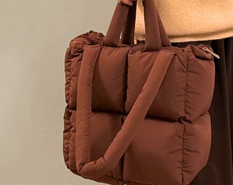 Brown Puffer Bag | Rust Quilted Tote bag puff | Shoulder pillow down padded tote shopper