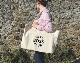 Girl Boss Club Natuurlijke Canvas Katoenen Draagtas met Sterke Katoenen Zwemvliezen Handgrepen | Katoenen Gym Bag | Katoenen Tote Bag | Stijlvolle katoenen tas