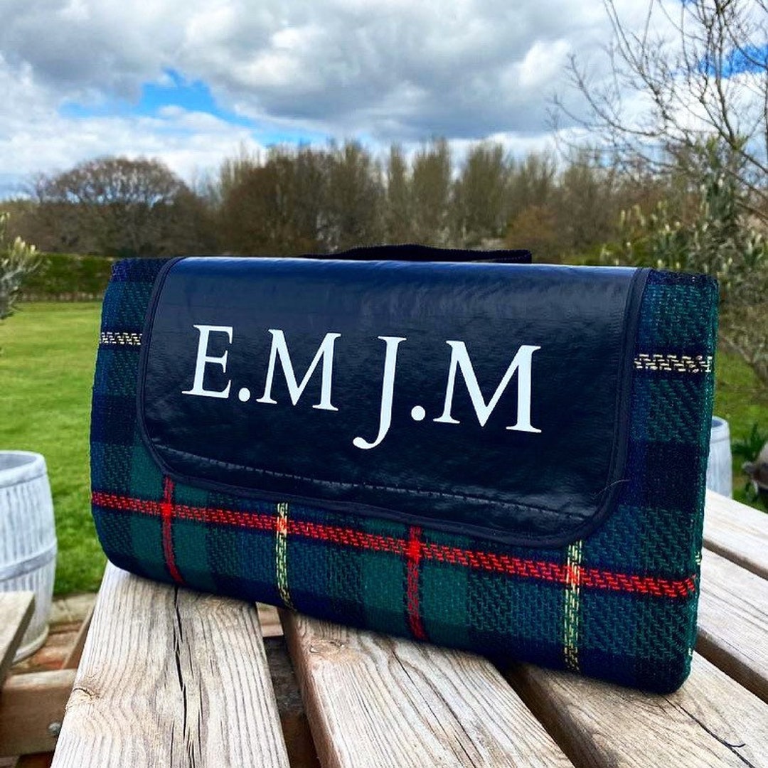 Monogrammed Tartan Water Resistant Picnic Blanket Personalised Roll up