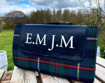 Monogrammed Tartan Water Resistant Picnic Blanket Personalised Roll Up & Carry Picnic Blanket Water Dirt Resistant Tartan Plaid Picnic