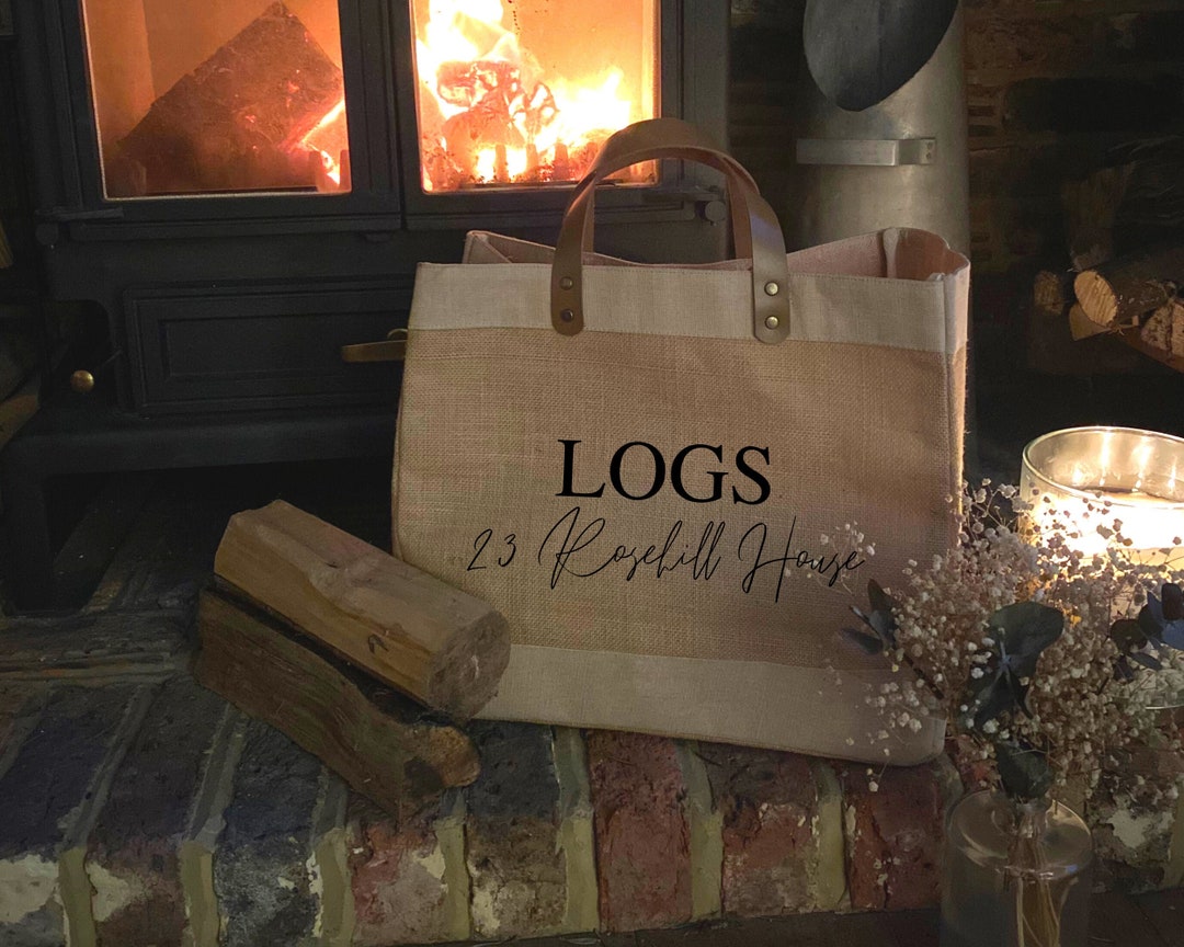 Personalised LOGS Luxury Leather Handle Natural Hessian Market Bag Log ...