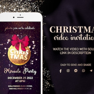 Goldglitter-Weihnachtsball-Video-Einladung. Exklusive funkelnde individuelle Weihnachtseinladung, glänzender Party-Video-Flyer mit fliegenden Schneeflocken