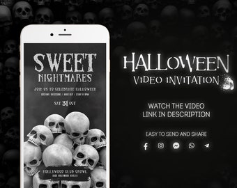 Sweet Nightmares Halloween Party Video Invitation Card, Terrible Digital Animated Adult Flyer with Skulls, Scary Sound Effects included