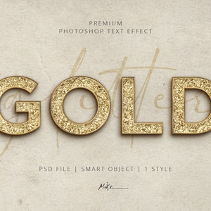 Gold Glitter Text Effect for Photoshop. Instant download. Easily Editable. Elegant Professional look. Smart Object PSD + 1 Style