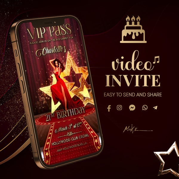 Red Carpet BIRTHDAY Video INVITATION. Custom Photo Glamorous VIP Pass Invite. Animated Luxury Gold Invite. Personalized Glitter Video Flyer