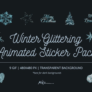 Kerst-winter glinsterende geanimeerde stickerpakket. Digitale kerstdecoratieset. Inclusief transparante achtergrond van 9 GIF's. Direct downloaden