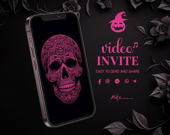 Dia de los Muertos Halloween Party VIDEO INVITATION | Sugar Skull and Roses Themed | Pink & Black Day of the Dead Birthday, Wedding Invite