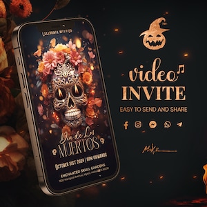 Convite de vídeo de Dia De Los Muertos | Dia animado do convite de festa morto | Panfleto digital festivo e vibrante com luzes de velas de caveira em flores