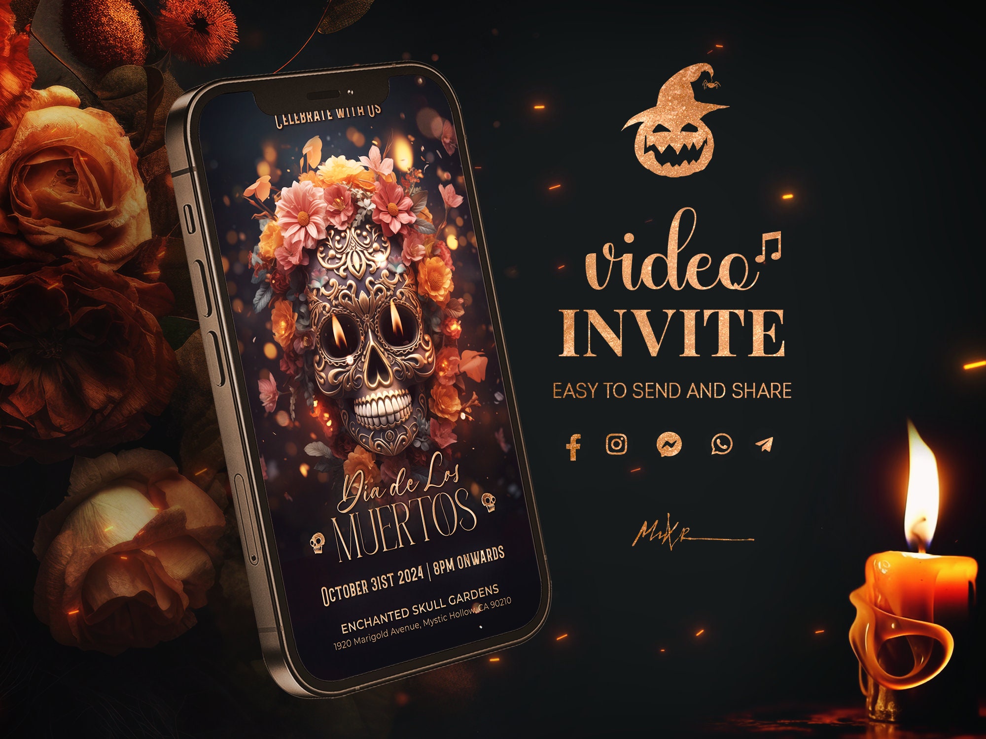 Dia De Los Muertos Video Invitation | Animated Day of the Dead Party Invite | Skull in Flowers Candle Lights Festive & Vibrant Digital Flyer