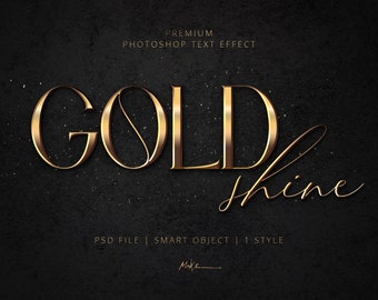 Gold Shine Text Effect for Photoshop. Instant download. Easily Editable in two clicks. Elegant Professional look. Smart Object PSD + 1 Style