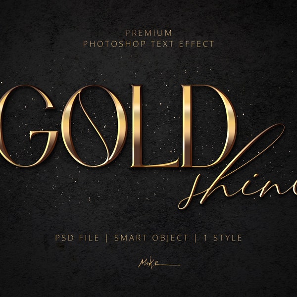 Gold Shine Text Effect for Photoshop. Instant download. Easily Editable in two clicks. Elegant Professional look. Smart Object PSD + 1 Style