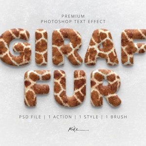 May include: Giraffe Fur Photoshop Text Effect, a digital download for creating text with a giraffe print pattern. The text reads "Giraffe Fur" in a 3D style.