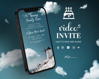 Inbjudningsvideo för födelsedag i grekisk stil | Mykonos-vibbar | Elegant blå & vit medelhavsflyer | Drömlika moln | Festvideoflyer