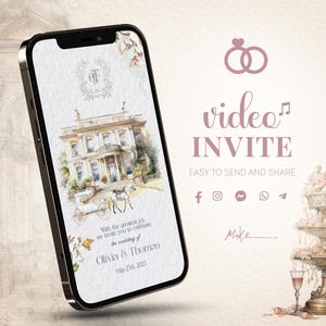 Invito video per matrimonio con ballo vittoriano / Elegante acquerello / Monogramma floreale, villa, carrozza e fiori / Salva la data di lusso a Bridgerton