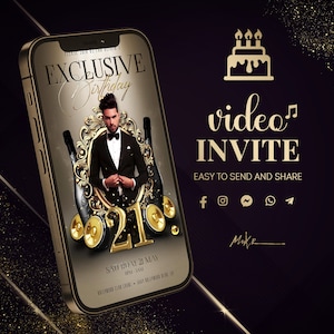 Men Birthday VIP Video Invitation: Step into Extravagant Celebration with Gold-Framed Custom Photo, Champagne Bottles, and Captivating Beat!