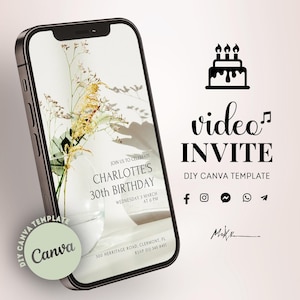 May include: A smartphone displaying a digital birthday invitation template featuring a vase with dried flowers. The screen text reads: JOIN US TO CELEBRATE CHARLOTTE'S 30TH BIRTHDAY, WEDNESDAY 3 MARCH AT 6 PM, 300 HERRITAGE ROAD, CLERMONT, FL, RSVP 513 345 8451.