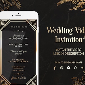 Puede incluir: Una invitación de video de boda negra y dorada con un diseño floral. La invitación incluye la fecha, la hora y el lugar de la boda. También incluye un enlace para ver el video en la descripción. El texto de la invitación dice "Save the Date", "Together with our family and friends", "August 25th 2022 at 3PM", "Honor us with your presence", "St. Monika Catholic Church", "701 California Ave, Santa Monica", "RSVP by 12/05/2022", "Jennie & Kolin", "Wedding Video Invitation", "Watch the Video Link in Description", "Easy to Send and Share".